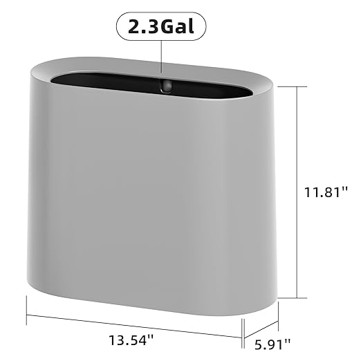SUBEKYU 2.3 Gal Trash Can for Bathroom,Small Office Garbage Can for Kitchen,Slim Rectangular Waste Bin,Plastic,Grey