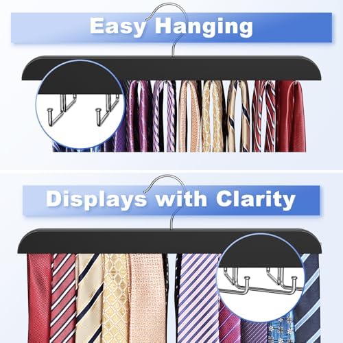 RESOVO Upgraded Tie Rack Hanger with 20 Foldable Metal Hooks, Space Saving Necktie Organizer for Men – Large Capacity Tie and Belt Wooden Hanger for Closet - Black 2 Pack - Image 6