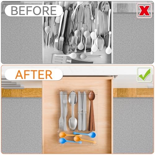Yieach Clear Silverware Organizer with Lid - 9 inch Wide - Small Silverware Drawer Organizer & Tray and Utensil Drawer Organizers with Lid,BPA Free Plastic Flatware Drawers Organizers for Fork,Spoon - Image 4