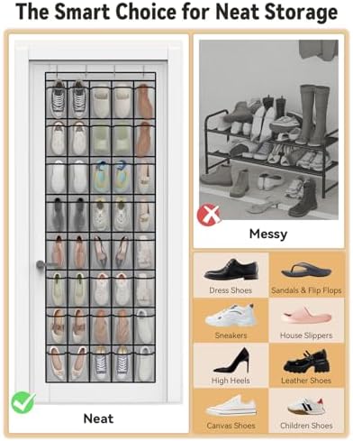 dodowin Over Door Shoe Organizers, 2 Pack, 24+40 Pockets, Black/Grey - Image 6