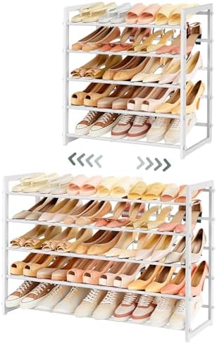 FAVOOSTY 5-Tier Expandable Shoe Rack, Adjustable Shoe Shelf Storage Organizer Space Saving Metal Free Standing Shoe Rack for Entryway Closet Doorway, White (White, 5 Tier) by FAVOOSTY