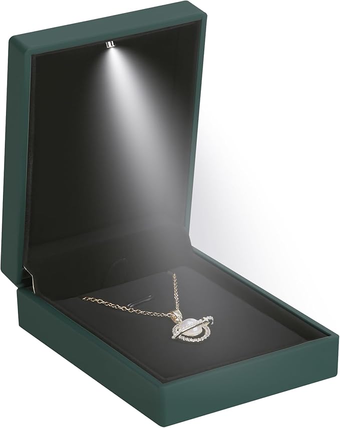 LED Light Pendant Necklace Gift Box, Velvet Jewelry Storage Display Case for Proposal Engagement Wedding Anniversary Birthday Valentine's Day (Green)