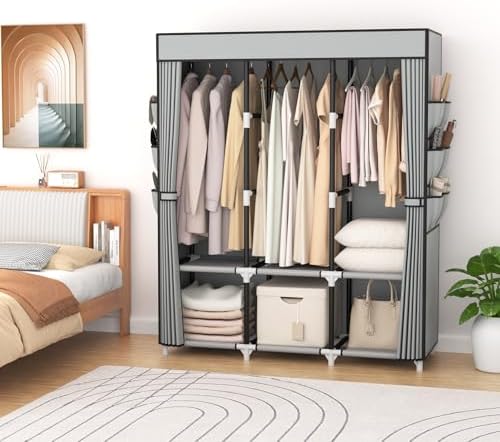 VTRIN Portable Closet Wardrobe for Hanging Clothes Closet with Cover, 3 Hanging rods, 6 Storage Shelves and Side Pocket, Diameter 19mm Metal Pipe, Sturdy Free Standing Closet for Bedroom - Image 2