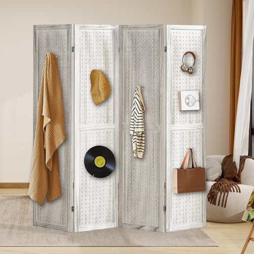 4 Panel Pegboard Display with 16 Hooks, Wooden Room Divider Wall and Folding Privacy Screens, Partition Room dividers, Pegboard Room Divider, Jewelry Store, Retail Store, Bedroom, White by ALeesing