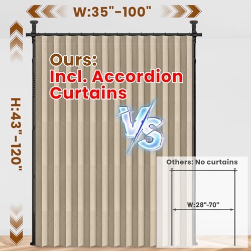 100% Blackout Room Divider Curtains Sets Beige W100 x L84 in,1 Panel Curtain Rods No Drilling Adjustable Tension (H) 43-120×(W) 35-100 in Room Wall Divider for Apartment/Dorm - Image 2