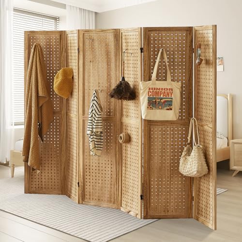 6 Panel Pegboard Display with 24 Hooks, Pegboard Room Divider and Folding Privacy Screens, Partition Room dividers, Wooden Room Divider Wall, Jewelry Store, Bedroom, Balcony, Light Brown - Image 7