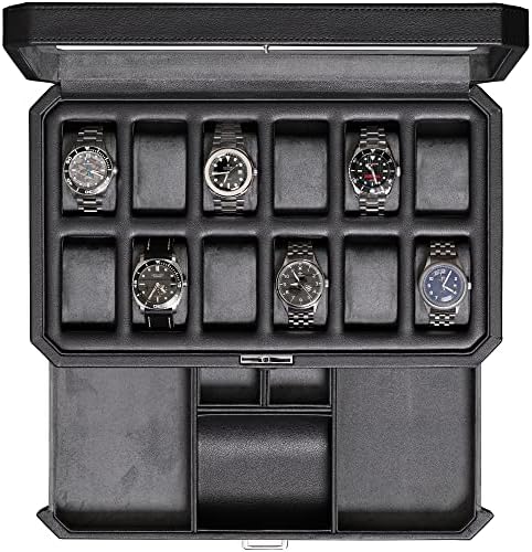 ROTHWELL 12 Slot Leather Watch Box with Valet Drawer - Luxury Watch and Jewelry Case Display Organizer, Microsuede liner, Mens Locking Storage Holder Large Glass Top (Black/Grey) by RothwellSanFrancisco