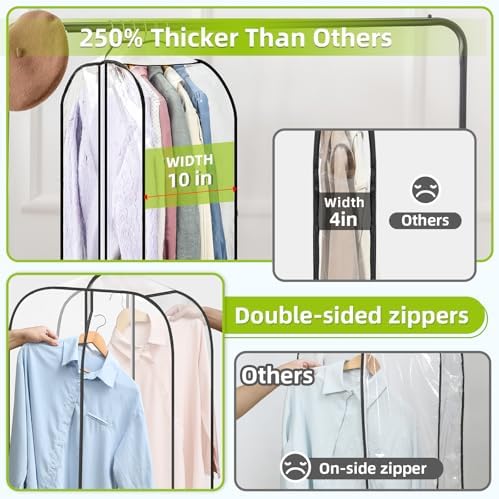 LANDNEOO 6 Pack Clear Garment Bags for Hanging Clothes with Zippers on Double Sides - 10'' Clothes Storage for Coat, Dress, and Fur in Closet - 40'' Long Suit Bags - Image 3