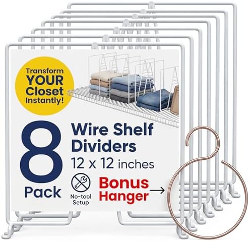White Wire Shelf Dividers for Closet Organization – 12-Pack - Sturdy and Easy Set-Up Closet Shelf Dividers with Bonus Rose Gold Hanger - 12 inches x 12 inches by NeatlyMade