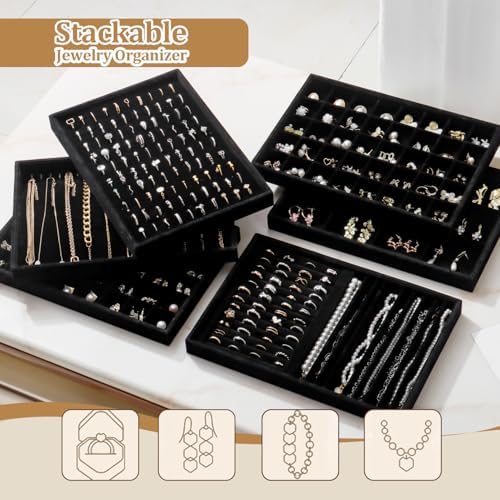 Large Jewelry Organizer for Drawer Insert Velvet Stackable Jewelry Trays for Earring Necklace Bracelet Ring Display (Black, 40 Grids) - Image 4