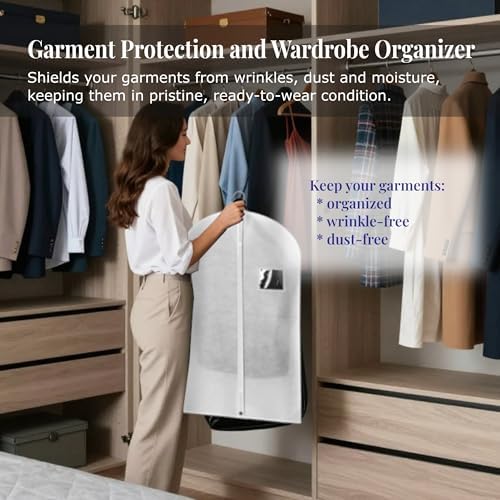 4-Pack Breathable Garment Bags for Hanging Clothes – Dust-Proof Suit & Dress Covers with Clear Window – Waterproof, Foldable Closet Storage Organizer for Coats, Gowns, and Jackets (White, 40") - Image 2