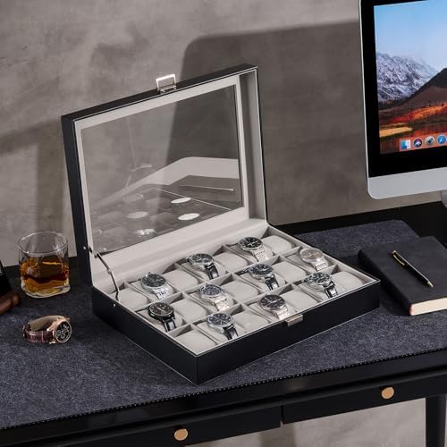 ProCase Watch Case for Men, 21 Slot Mens Watch Box Holder Organizer with Glass Lid, Watch Display Case, Fathers Day Gift for Dad Husband, Birthday Valentine Gifts for Men Women -21 Slot, Black - Image 4