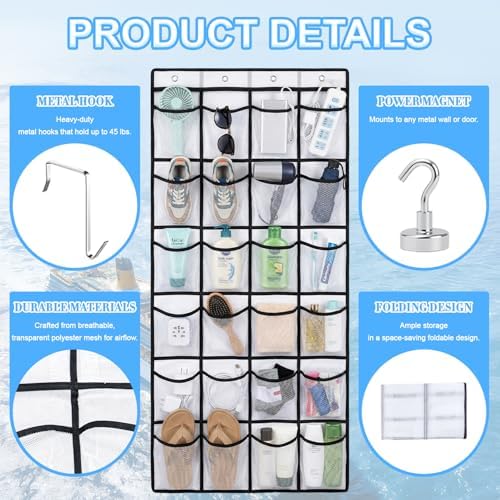 Magnetic Cruise Organizer, Over The Door Organizer for Cruise Ships with 24 Large Clear Pockets, Magnetic Shoe Rack for Door, Hanging Door Organizers for Cabin Cruise Essentials 2026（ 56.7" x 21.2"） - Image 6