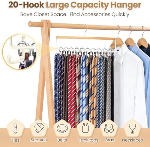 Tie Belt Rack Hanger for Closet, Wood Tie Holder Organizer with 20 Hooks - Image 2