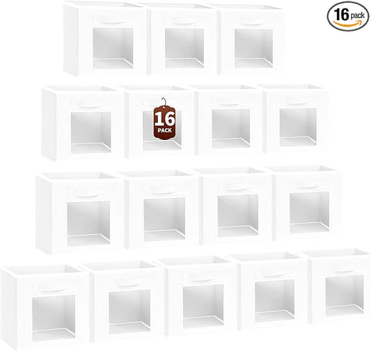 Homsorout Storage Cube 11 Inch - Cube Storage Bins with Window, Closet Storage Baskets with Handle, Fabric Bins for Closet, Shelves, Toys, Clothes, Set of 16, White