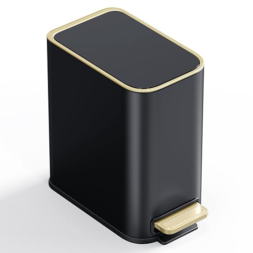 Small Bathroom Trash Can with Lid Soft Close, 5L / 1.3 Gallon Slim Garbage Can with Removable Inner Bucket, Step Stainless Steel Trash Bin for Office, Bathrooms, Bedroom, Living Room (Black)