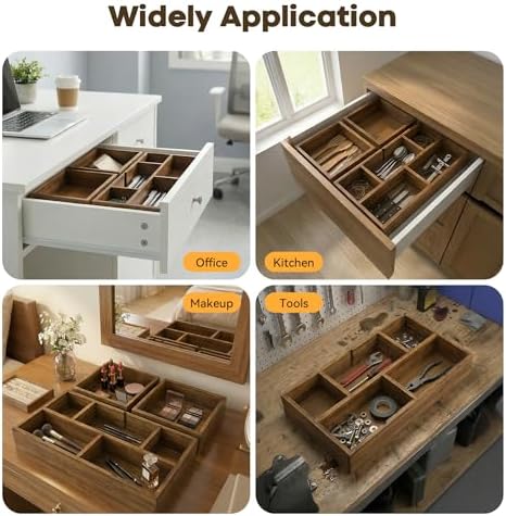 KOCWELL Bamboo Desk Drawer Organizer with Removable Dividers,Multi-Use Office Drawer Organizer Tray,Junk Drawer Organizers for Office,School,Kitchen,Makeup Supply（Carbon Brown） - Image 6