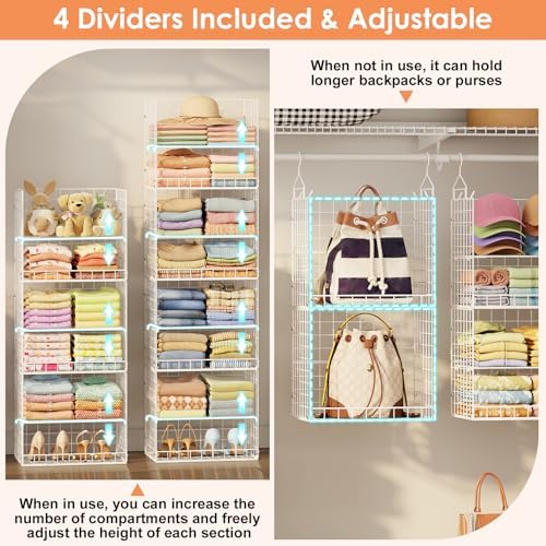 8 Tier Extended Width Hanging Closet Organizer, Sweater Storage for Closet Organizer System, Stackable Wire Basket Bins for Clothes Purse Shoes, Hanging Shelves with 4 Hooks & 4 Dividers Adjustable - Image 6
