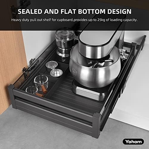 YOHOM Pull Out Cabinet Organizer – 17" W x 21" D Aluminum & Glass Drawer Organizer with Removable Dividers, Heavy Duty Pull Out Shelf for Kitchen Cabinets, Sliding Storage Tray, DIY Single Tier - Image 4
