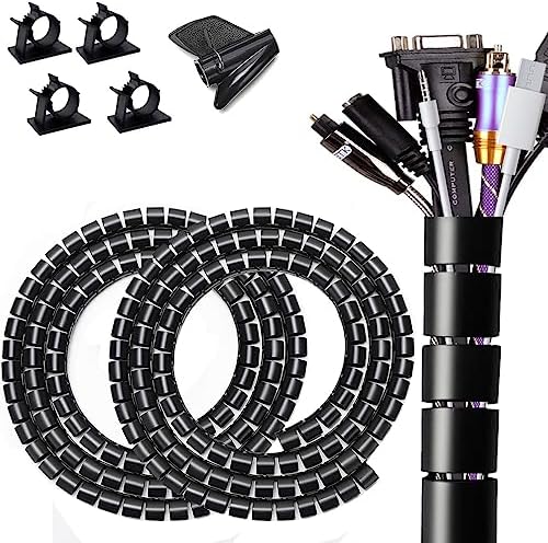 Large PC Cable Management Tube Sleeve Under Desk Wire Organizer for Cords 2 PCS Black, 1.1 inch -5 ft EZ Spiral Cable Wrap Cover Bundler w/Clips for TV Office, Pet Proof Cable Protector by FANOSHONOFFICIAL