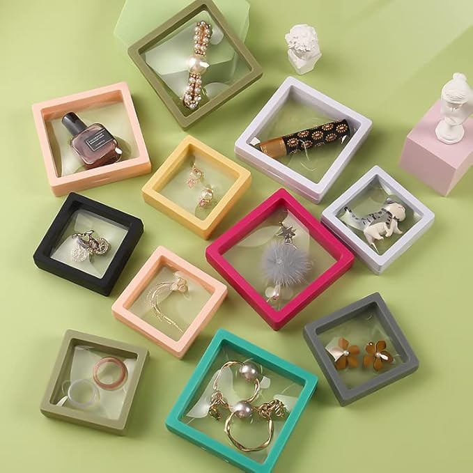 12PCS 3D Floating Frame Display Stand, Jewelry Box, Gift Box, Ornament Organizer, Small Travel Jewelry Box, PE Film Anti-Oxidation, Suspended Display Box Stackable (2.75*2.75，Type 5)
