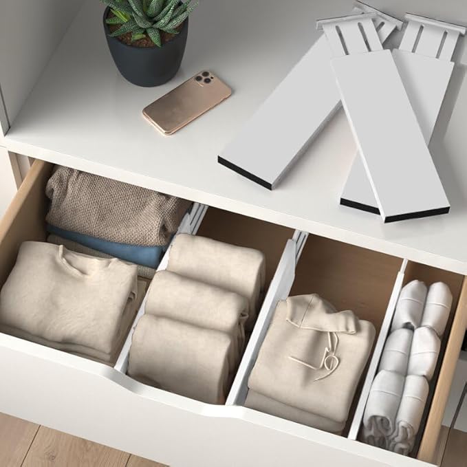 6-Pack Drawer Dividers 6 Inch High, 11”-17" Adjustable Bamboo Organizers Large Expandable Drawer Separators for Cloths, Dresser, Bedroom, Bathroom, Baby Drawer, Office & Kitchen Utensils (White)