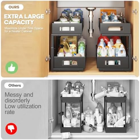 2 Packs 19IN Depth Under Sink Organizer, 2-Tier Pull Out Cabinet Organizer With Smooth Circular Rail, Large Capacity Metal Mesh Sliding Drawers For Bathroom& Kitchen Storage,Height Adjustable –Black - Image 4