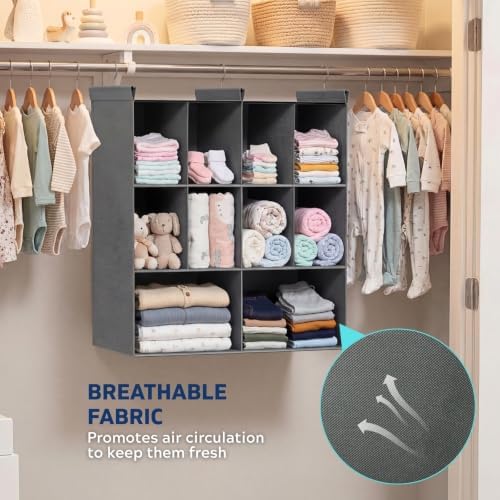 3 Tier Hanging Closet Organizer, 10 Compartments Dual Row Storage, Grey - Image 6