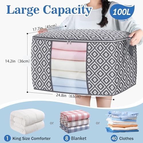 100L 6 Pack Storage Bags, Foldable Clothes Bins with Clear Window, Gray - Image 2