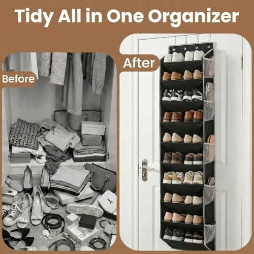 10-Tier Over The Door Organizer with 4 Anti-Scratch Silicone Hooks & 10 Side Pockets, Hanging Shoe Organizer for Closet (20 Pairs), Behind the Door Storage - Image 3