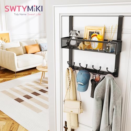 SWTYMIKI Over The Door Hook with 16 Hooks & Mesh Baskets - Heavy Duty Over The Door Organizer Hanger for Towels, Coats, Clothes - Space Saving Hanging Rack for Bathroom, Living Room, Black - Image 2