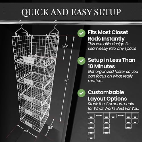 DECOLURE 5-Tier Adjustable Hanging Closet Organizer – Maximize Hanging Storage w/ 4 Hanging Hooks, 8 S Hooks & 5 Name Plates - Sturdy Foldable Wire Storage Hanging Shelves for Clothes, Towels (White) - Image 2