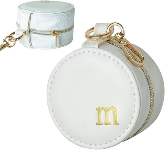 COLLECTIVE HOME - Monogrammed Letter Jewelry Case, Portable Travel Ring Holder Box with Keychain, Personalized Initial Organizer for Earrings Necklaces, Gift for Her (White-m)