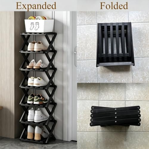 7 Tier Foldable Shoe Rack, Bamboo Vertical Shoe Organizer Tall for Multifunctional Narrow Shoe Shelf for Entryway, Closet, Corner, Bedroom, Hallway(Black) - Image 5
