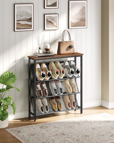 CHOEZON Shoe Rack, 4-Tier Slanted Shoe Storage Shelf, Narrow Shoe Rack for Entryway, Shoe Organizer with Adjustable Feet, Slim Shoe Shelf with Wooden Top and Metal Frame Rustic Brown and Black TXJ75BF - Image 6