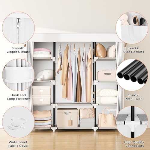 VTRIN Portable Closet Wardrobe for Hanging Clothes 57.3 Inch Large Capacity Clothes Rack with Cover, 10 Storage Organizer Shelves, 1 Hanging Rods and 6 Pockets, Free Standing Closet, White - Image 4