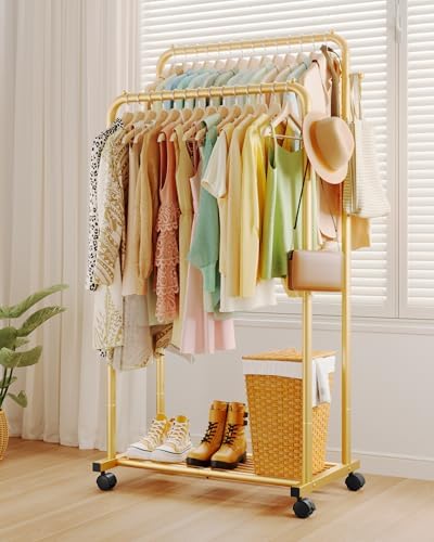 Sakugi Double Rod Clothes Rack Mesh Shelf & Hooks, 28.7x16.5x59.1, Gold - Image 3