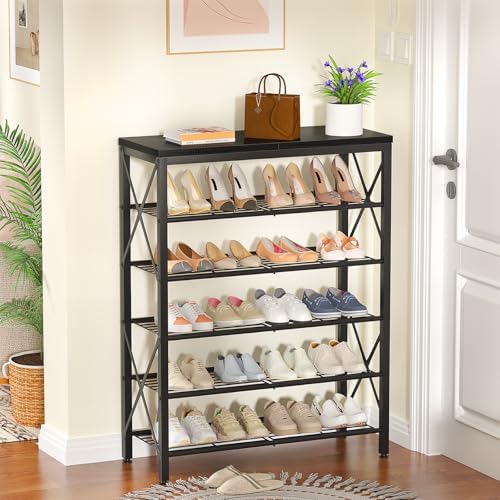 6-Tier Shoe Rack, Metal Shoe Stand with Wooden Top & 4 X Frames, Holds up to 24 Pairs, Sturdy Shoe Shelf for Entryway Closet Garage, Black - Image 2