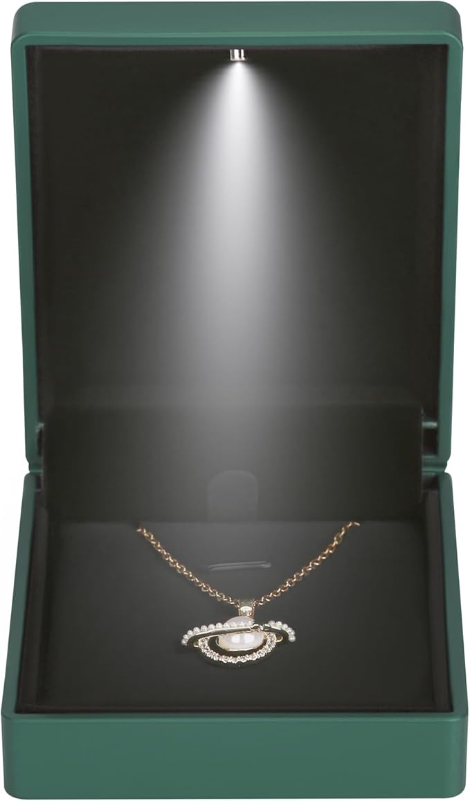 LED Light Pendant Necklace Gift Box, Velvet Jewelry Storage Display Case for Proposal Engagement Wedding Anniversary Birthday Valentine's Day (Green)