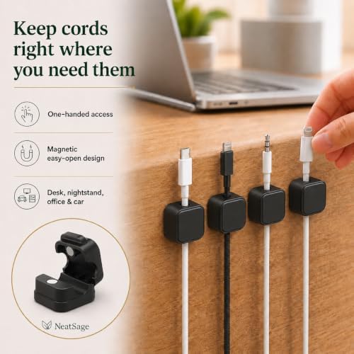 Cord Clips, 12 Pack Magnetic Clasp Self-Adhesive Cord Organizer Holders for Desk, Nightstand, Office & Car, Cable Management for Charging Cords, USB Cables & Headphones, White - Image 3