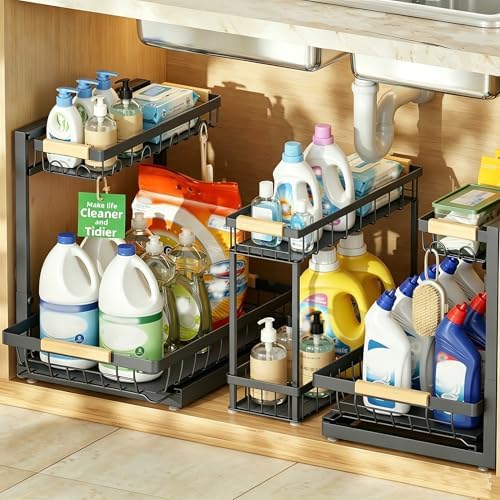 Sevenblue 3 Pack Under Sink Organizer, Height Adjustable 2 Tier Pull-Out Metal Under Kitchen Sink Organizer, Multi-Purpose Storage Shelves for Kitchen Bathroom Cabinet by Sevenblue