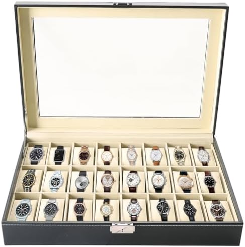 MAOPINER 24 Slot Watch Box with Glass Display Lid Watch Storage Case by MAOPINER