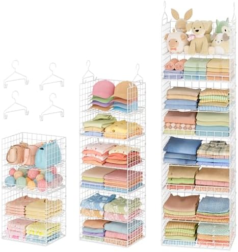 8 Tier Extended Width Hanging Closet Organizer, Sweater Storage for Closet Organizer System, Stackable Wire Basket Bins for Clothes Purse Shoes, Hanging Shelves with 4 Hooks & 4 Dividers Adjustable by Yuyetuyo