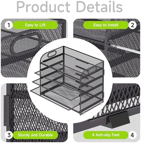 Cawukege 2 Pack 5 Tier Paper Organizer, Letter Tray with Handle, Mesh Desk Organizer, Metal File Organizer, Office Desk Accessories for Home, Office, Classroom, School -Grey - Image 4