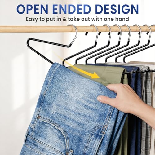 DAMITA Open Ended Pants Hangers - Non Slip Heavy Duty Metal Hangers 10 Pack - Space Saving Jeans Trousers Blanket Organizer for Closet - 7 lbs Load Capacity Rubber Coating Black - Image 2