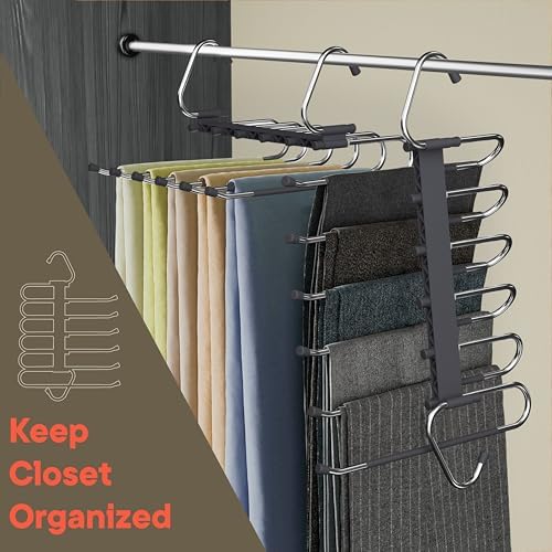 Campior Space Saving Pants Hangers 1 Pack, 6 Layer Jeans Hangers and Closet Organizer for Jeans, Scarves, & Skirts, Multi-Layer Hanger with Anti-Slip Stopper, Heavy-Duty S-Type Stainless Steel, Gray - Image 6