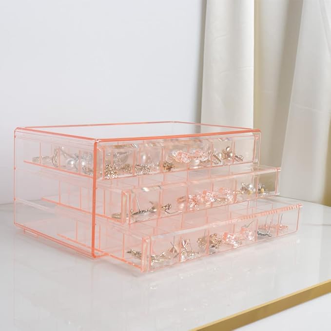 YUFONG Earring Storage Box Organizer 3 Drawers Acrylic Jewelry Storage Box Holder Transparent Jewelry Display Stand with 72 Small Compartments Gift for Women Girls (Clear Pink)