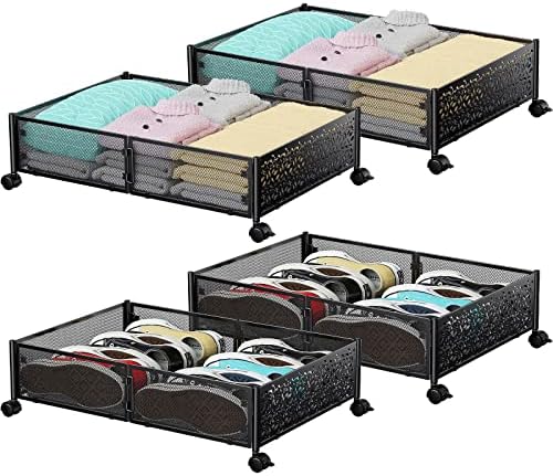 PHINOX Under Bed Storage with Wheels,Patterned,Sturdy Metal,4 Pack,Black by PHINOX