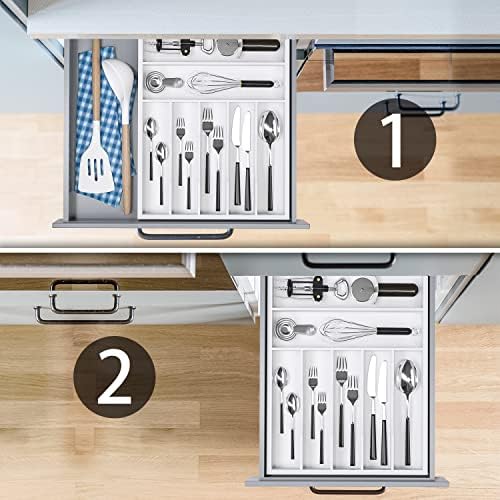 Utensil Organizer Silverware Drawer Organizer - 7 Slots Bamboo Cutlery Organizer Multi-Purpose Silverware Divider for Kitchen Flatware, Hair Accessories, Repair Tools, Art Set W13”x L17” (White) - Image 3