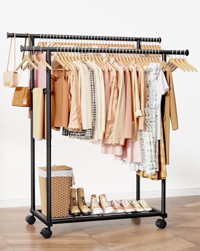 Sakugi Double Rods Clothes Rack - Metal Clothing Rack with Fixed Double Rods, Rolling Wheels & Built-In Shelf for Closet, Bedroom, Laundry Storage (45.6" x 17" x 61", Black) - Image 3